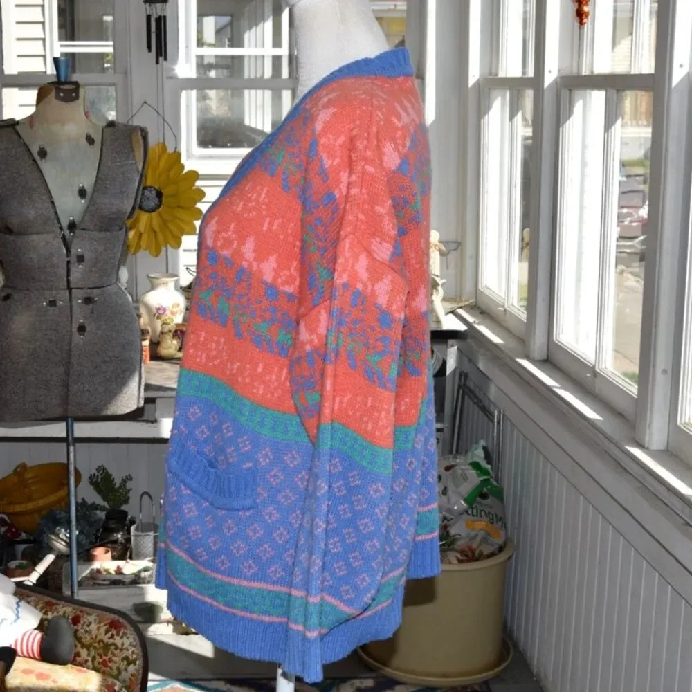 Vintage 90s Lindsay Gray Knit Cardigan Oversized Colorblock Grandpa M